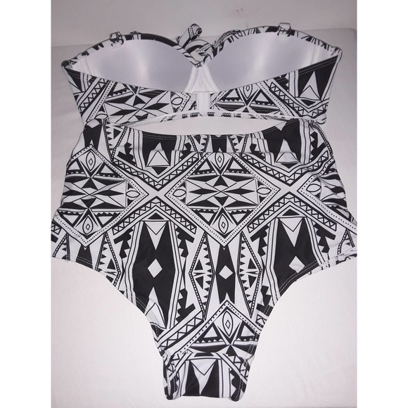 NIP Bikini Sz S Aztec Print Black & White 2 Piece Swimsuit Padded Top - Picture 2 of 6